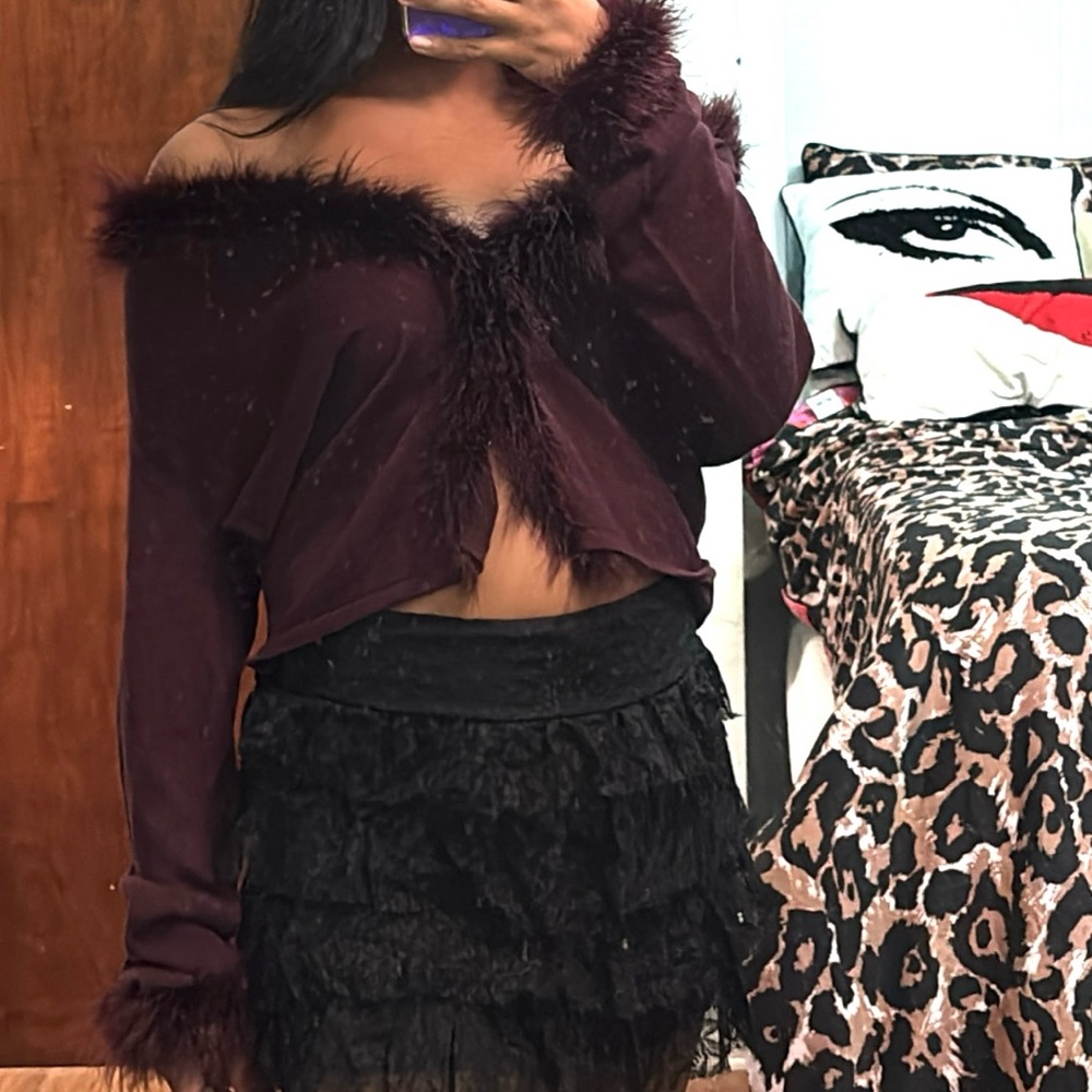 April Cornell Maroon Feather Fur Trim Cuff Collar Cardigan Sweater size XL